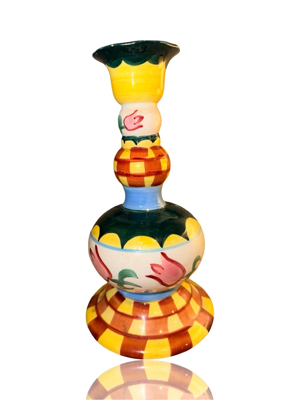 Vintage Yellow, Green, Red & Blue Hand-Painted Ceramic Candle Holder